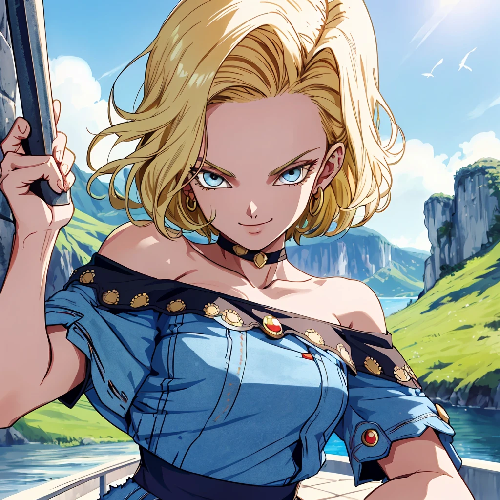 masterpiece, The best quality at its best, Super detailed, Absurd, Portrait Beautiful Android 18 DB, solo, 耳Nipple Ring, gem, (Off-the-shoulder outfit:1.5),Cleavage, Upper body close-up,smile, String, Best, cloud, Sky Sky, Daisy, Exterior,Denim Super Shorts,Highest quality, masterpiece, Intricate details, Tone Mapping, Sharp focus, Super detailed, Art stati is trending,