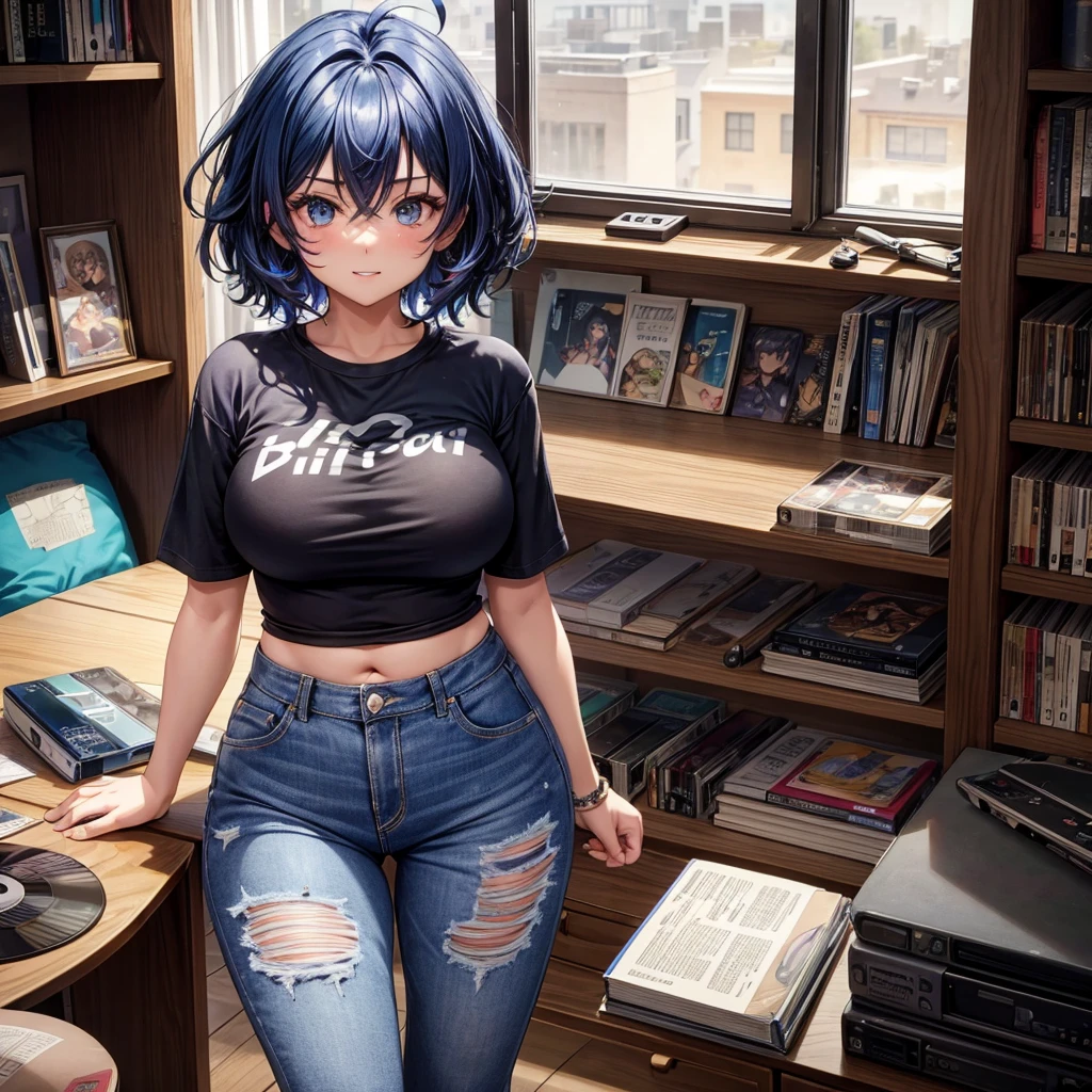 Highest quality, One girl, ((View your viewers)), Dark blue hair, Iris, Very short hair, Spiky Hair, Ahoge, T-Shirts, High Waist Jeans, 171cm, Messy Hair, Hair between the eyes, Medium chest, Large Breasts, plump, Dark Skin, Tomboy, Adult, 20-year-old, One girl, alone, only, Grin, Wide Hips, Thighs, Are standing, Messy room, Bedroom, shelf, dvd, Book, video game, computer, cd, record, VHS Tape,