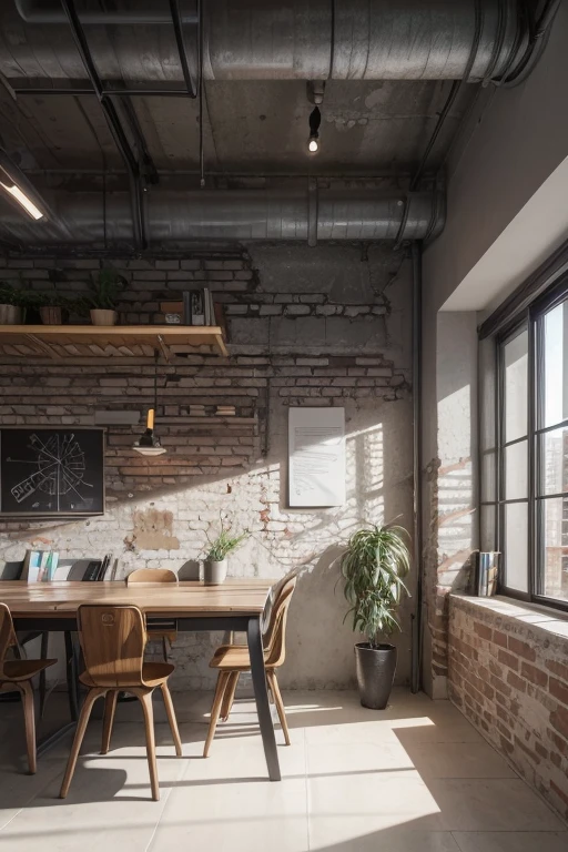 Create a small office, ((realisitic)), 1 exposed brick walls, gray porcelain flooring, warm lights, abstract painting on the wall, MDF table in Jatobá color, comfortable brown chair, plaster lining, rack, textbooks, notebook()detail))((Rendering)).