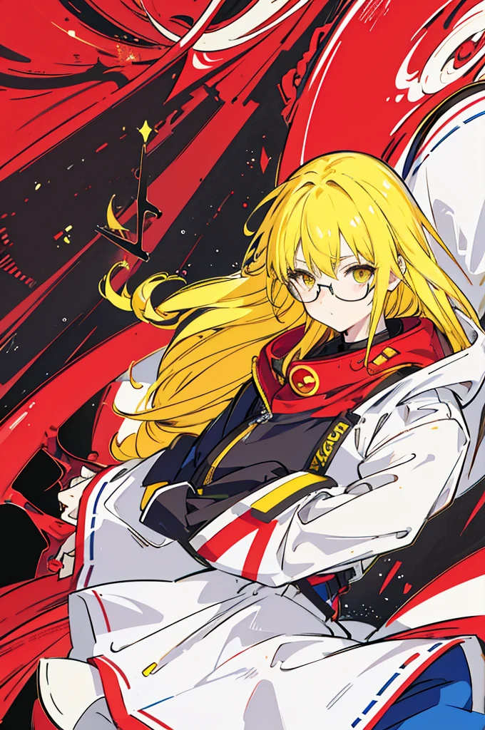 yellow hair, yellow eyes, black glasses, red headset, red jumper, Adonis, man, white background, shot