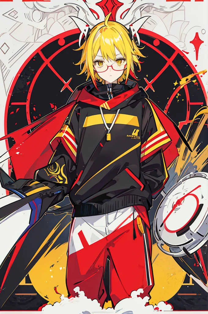 yellow hair, yellow eyes, black glasses, red headset, red jumper, Adonis, man, white background, shot