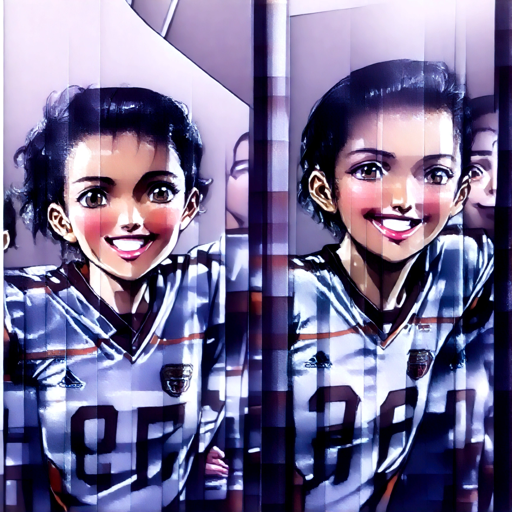 (Gray background:1.5, close-up:1), (Photorealistic:1.4), (Best quality:1.0), (Ultra high resolution:1.0), 8 k, Raw photo, (masterpiece:0.2), 1 girl, Beautiful skin, Detailed skin, big smile, teeth, (short hair:1), (Football uniform:1.2)