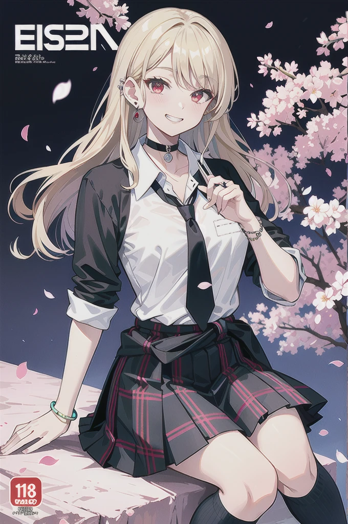 masterpiece, best quality, full body, 1girl, bangs, black choker, black necktie, blonde hair, blue skirt, blush, bracelet, breasts, choker, clothes around waist, collarbone, collared shirt, cowboy shot, dress shirt, ear piercing, eyebrows visible through hair, gradient hair, grin, gyaru, jewelry, kogal, long hair, looking at viewer, loose necktie, necktie, piercing, plaid, plaid skirt, pleated skirt, red eyes, ring, , shirt, skirt, smile, solo, white shirt, street, sky, cherry blossoms, petals,illustration, (magazine:1.3), (cover-style:1.3), fashionable, woman, vibrant, outfit, posing, front, colorful, dynamic, background, elements, confident, expression, holding, statement, accessory, majestic, coiled, around, touch, scene, text, cover, bold, attention-grabbing, title, stylish, font, catchy, headline, larger, striking, modern, trendy, focus, fashion, striptease, show