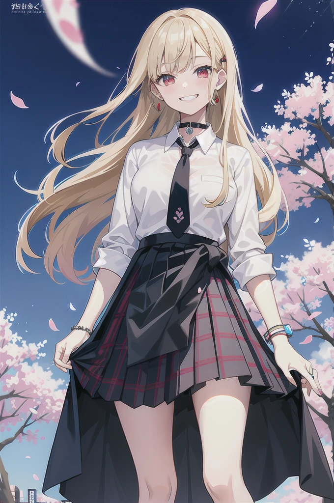 masterpiece, best quality, full body, 1girl, bangs, black choker, black necktie, blonde hair, blue skirt, blush, bracelet, breasts, choker, clothes around waist, collarbone, collared shirt, cowboy shot, dress shirt, ear piercing, eyebrows visible through hair, gradient hair, grin, gyaru, jewelry, kogal, long hair, looking at viewer, loose necktie, necktie, piercing, plaid, plaid skirt, pleated skirt, red eyes, ring, , shirt, skirt, smile, solo, white shirt, street, sky, cherry blossoms, petals,illustration, (magazine:1.3), (cover-style:1.3), fashionable, woman, vibrant, outfit, posing, front, colorful, dynamic, background, elements, confident, expression, holding, statement, accessory, majestic, coiled, around, touch, scene, text, cover, bold, attention-grabbing, title, stylish, font, catchy, headline, larger, striking, modern, trendy, focus, fashion, striptease, show