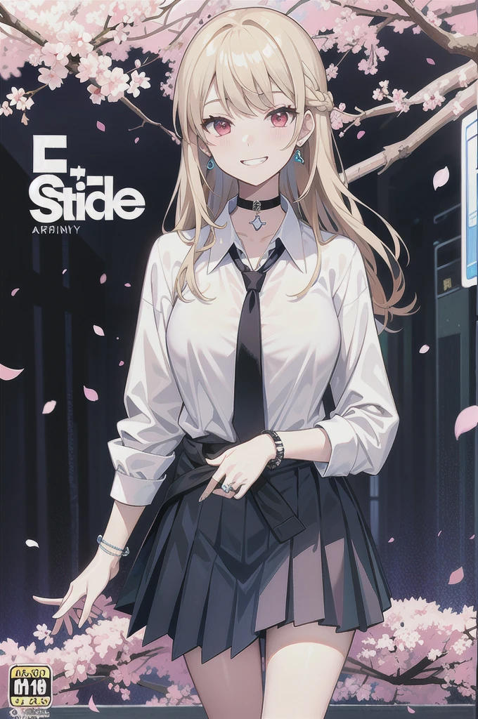 masterpiece, best quality, full body, 1girl, bangs, black choker, black necktie, blonde hair, blue skirt, blush, bracelet, breasts, choker, clothes around waist, collarbone, collared shirt, cowboy shot, dress shirt, ear piercing, eyebrows visible through hair, gradient hair, grin, gyaru, jewelry, kogal, long hair, looking at viewer, loose necktie, necktie, piercing, plaid, plaid skirt, pleated skirt, red eyes, ring, , shirt, skirt, smile, solo, white shirt, street, sky, cherry blossoms, petals,illustration, (magazine:1.3), (cover-style:1.3), fashionable, woman, vibrant, outfit, posing, front, colorful, dynamic, background, elements, confident, expression, holding, statement, accessory, majestic, coiled, around, touch, scene, text, cover, bold, attention-grabbing, title, stylish, font, catchy, headline, larger, striking, modern, trendy, focus, fashion, striptease, show 
