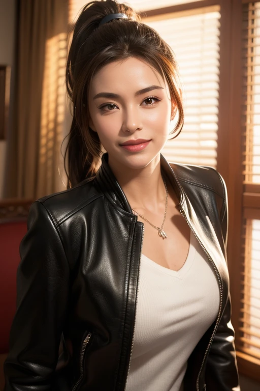 a gorgeous busty woman, ponytail, leather jacket, lady fighter, beautiful detailed smile, beautiful detailed teeth, POV, lover, cinematic dramatic lighting, (best quality,4k,8k,highres,masterpiece:1.2),ultra-detailed,(realistic,photorealistic,photo-realistic:1.37),HDR,UHD,studio lighting,ultra-fine painting,sharp focus,physically-based rendering,extreme detail description,professional,vivid colors,bokeh,portrait,photorealistic,cinematic