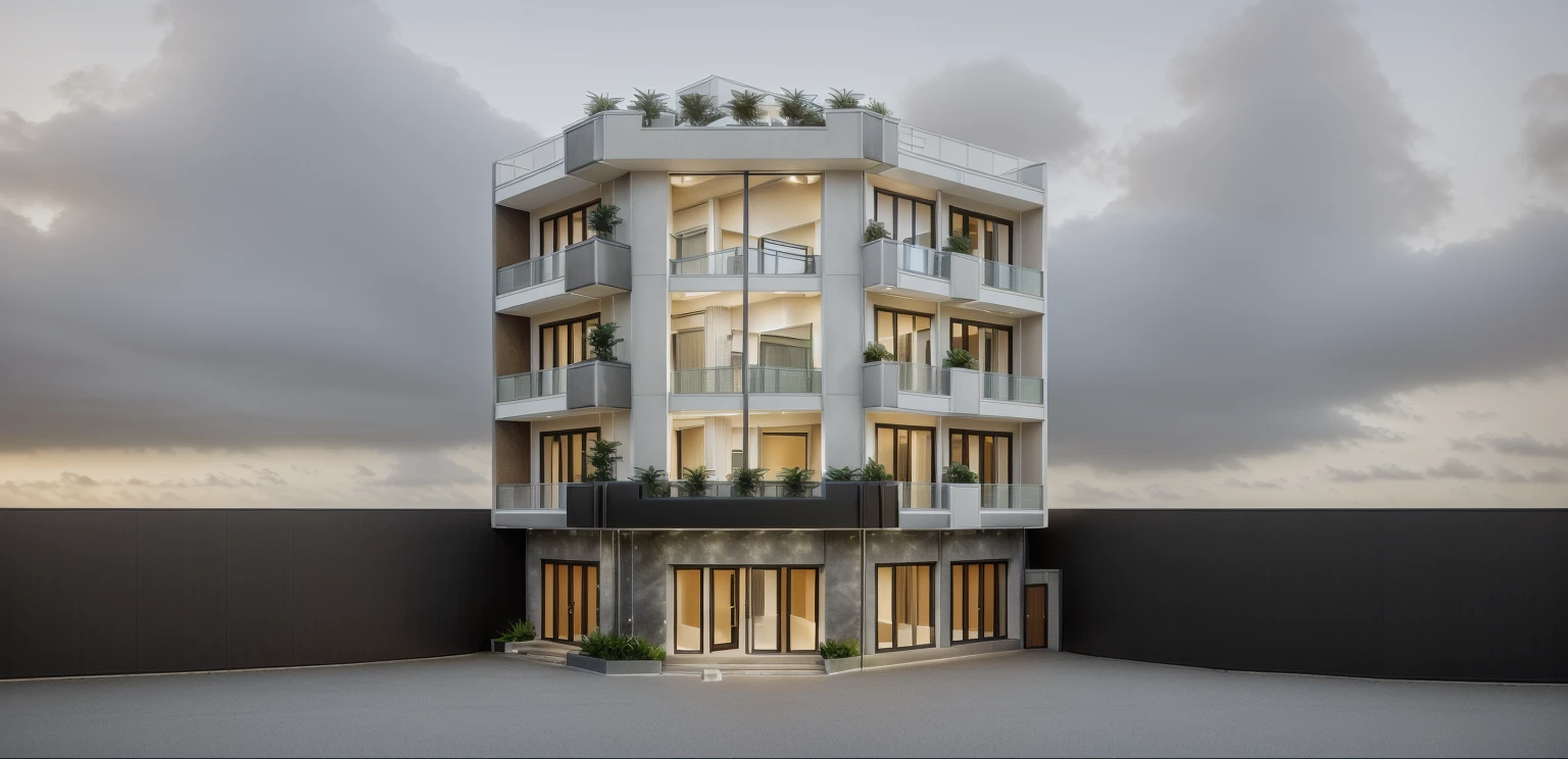 Townhouse in the city, daylight, warm light, (sharp focus) front view of townhouse in modern style, Vietnamese architecture, complementary colors, soft light, warm atmosphere, High resolution, super detail, 8k, hdr, ,vray render, surreal , exterior design, professional photography, exterior photography, wide angle shot, super detail, location in the real world, signs, cityscapes, sidewalks, vehicles on the ground, cloudy skies. Doors and windows are manufactured by Xingfa. Bancony has many trees, ivy, and palm trees. black iron frame. Wooden ceiling, ceiling lights, black iron gate, iron railing, black stone fence, asphalt car