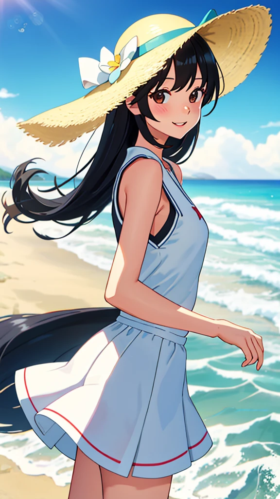 beach, best quality, masterpiece,、beautiful girl、slim、One person、Long Hair、White sleeveless、White dress、The skirt is short、running、A happy smile、口を開けて笑う、
sea beach,Black hair,daysieblurry,Background of bblurry,daysies,,cparted lips,the ocean,Summer daysies,Sun hat,