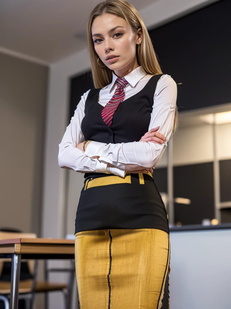 (masutepiece,High quality,16k:1.1),(depth of fields:1.3) ,((front body:1.35)), Ukrainian ,Woman, blonde,makeup,((business suit, black vertical striped pencil skirt )), voluptuous, thicc,(arms crossed:1.5) (wetting herself:1.5), (desperation:1.75),standing ,necktie peeing self, wetting her clothes (very long pencil skirt:1.5)