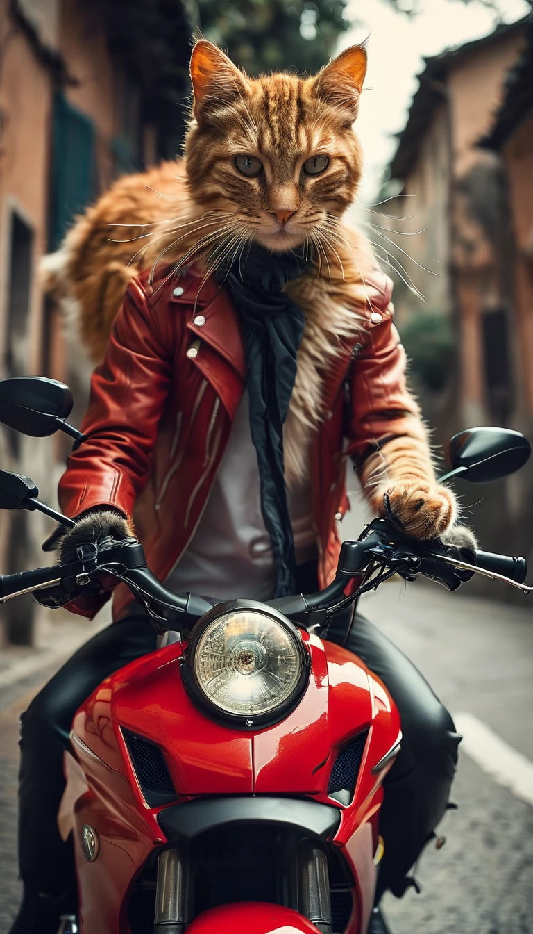 A long-furred cat,Riding a red Ducati motorcycle,The picture should have a movie-style feel with real characters,The clarity should be higher