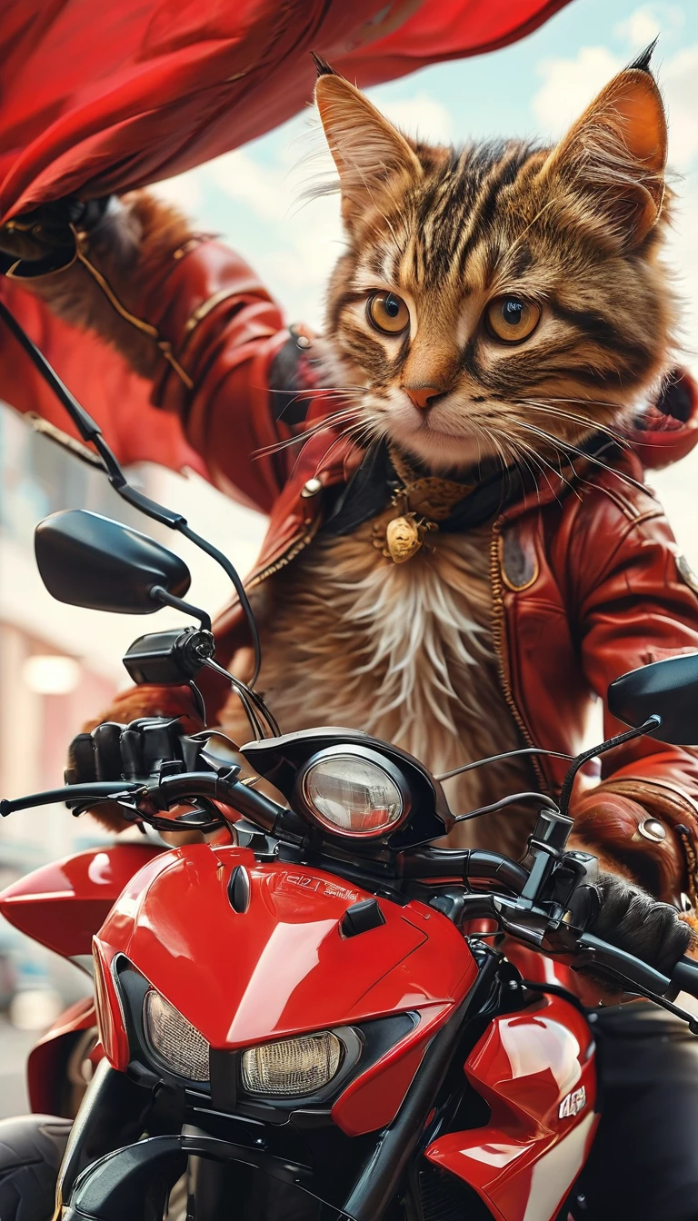 A long-furred cat,Riding a red Ducati motorcycle,The picture should have a movie-style feel with real characters,The clarity should be higher