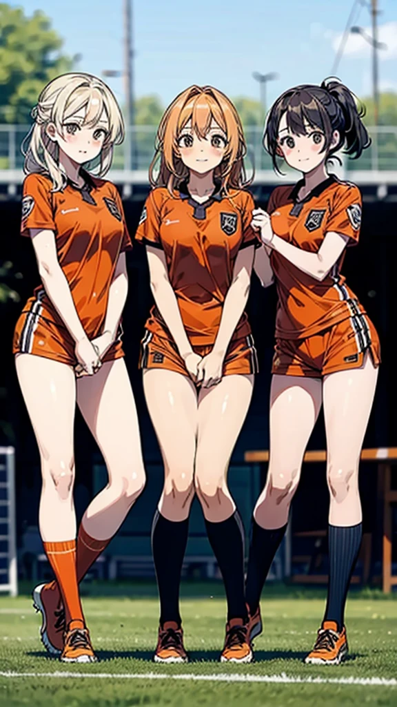 three woman,group shot,squat,open legs,torn uniform,background soccer field,orange color