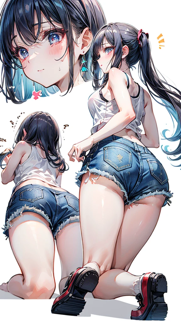 (Best quality, 8k, 32k, Masterpiece, UHD,:1.2),RAW, 1girl,ultra cute , natural lighting,transparent shining eyes, 20yo ,fair complexion, (ecstasy:0.8) ,(slut:0.8), (vulgarity:0.8), (fucked silly:0.8),(steam:0.8),(trembling:1.3)),((tank top, denim short pants, )) ,From Behind and Below, ass focus, kneeling, body-fitting, White background,