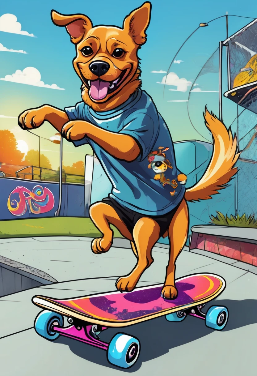 [cartoon dog] on a skateboard, dressed in a hooligan t -shirt and a chain of rappeper, playing a dog on a sunny summer day, ((in the background skate park)), the atmosphere is live and bizarre, energy, bright colors, detail