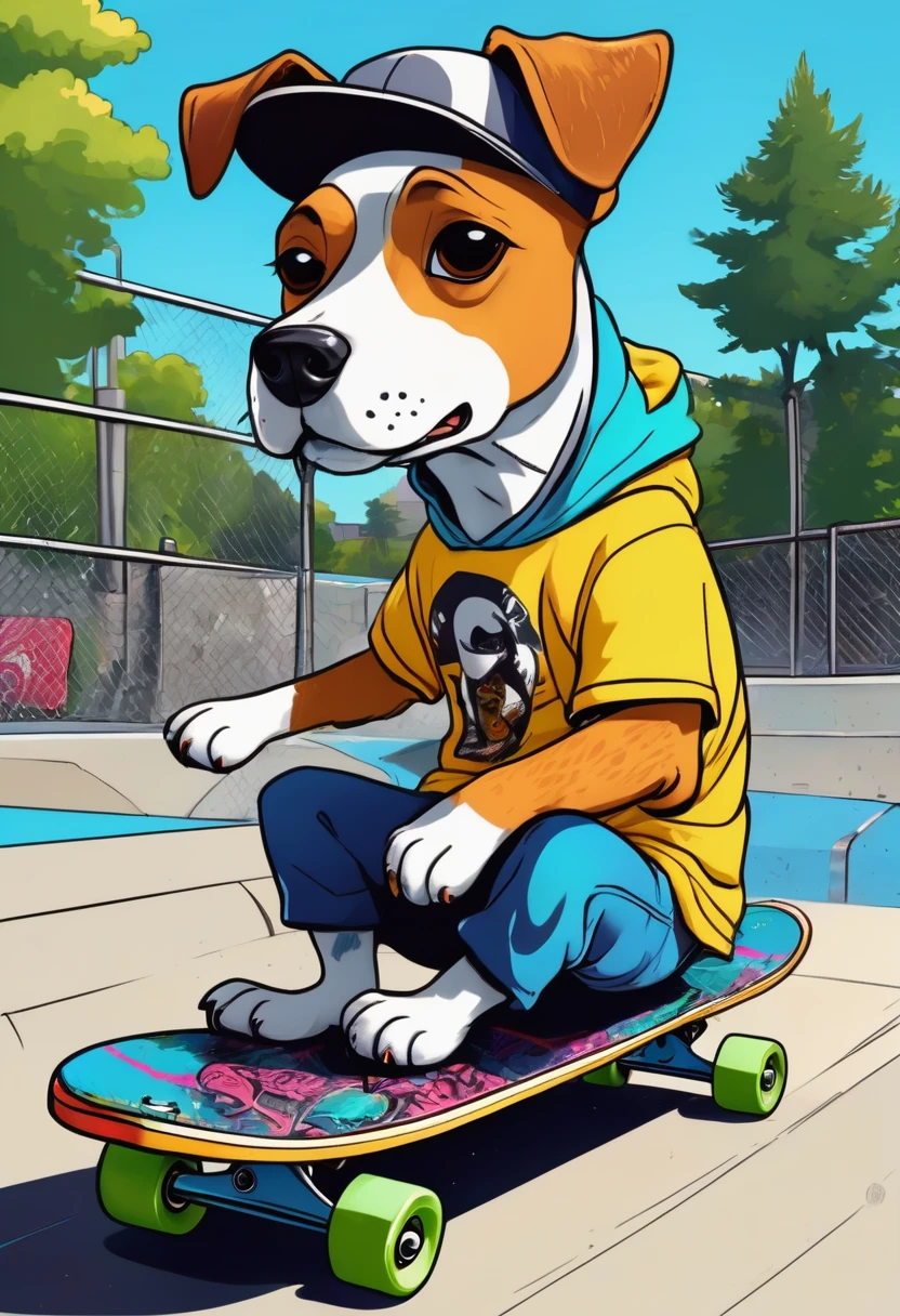 [cartoon dog] on a skateboard, dressed in a hooligan t -shirt and a chain of rappeper, playing a dog on a sunny summer day, ((in the background skate park)), the atmosphere is live and bizarre, energy, bright colors, detail