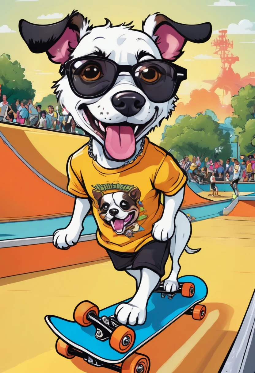 [cartoon dog] on a skateboard, dressed in a hooligan t -shirt and a chain of rappeper, playing a dog on a sunny summer day, ((in the background skate park)), the atmosphere is live and bizarre, energy, bright colors, detail