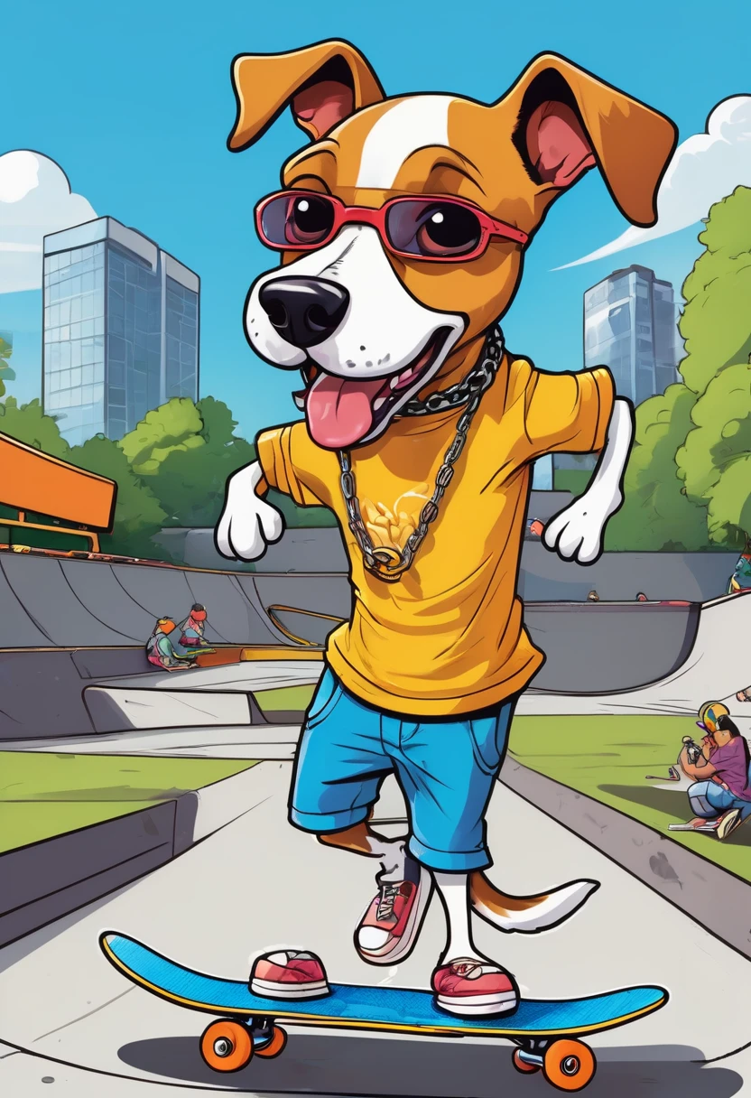 [cartoon dog] on a skateboard, dressed in a hooligan t -shirt and a chain of rappeper, playing a dog on a sunny summer day, ((in the background skate park)), the atmosphere is live and bizarre, energy, bright colors, detail