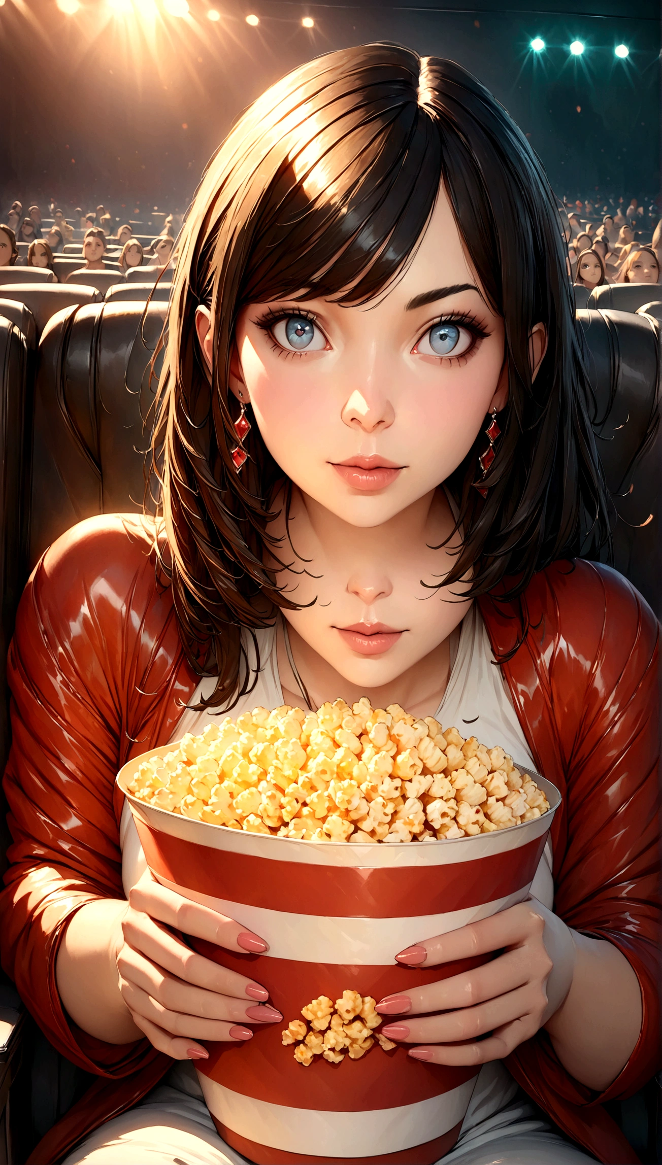 8K portrait of a beautiful young woman in a J-POP style, hesitating whether to buy popcorn at the movie theater, extremely detailed, high quality, ultra-high resolution, photorealistic, masterpiece, cinematic composition, trending on ArtStation