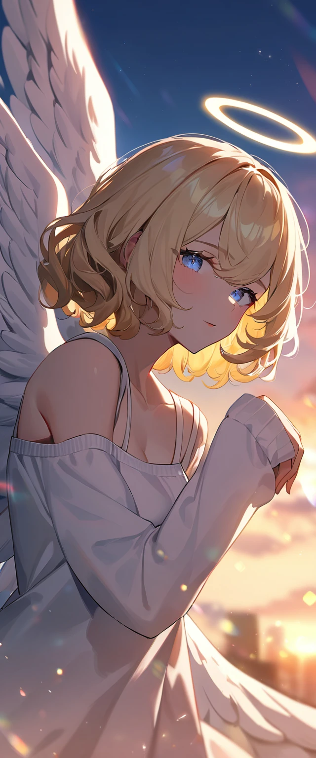 (((One girl))), (((upper body))), ((flying)), ((angel, big big white wings:1.2, halo:1.3)), Uriel, ((wavy hair, outward curled hair)), evening, Sunset, ((blond hair, bob cut:1.3)), big breasts, teenager, (looking at viewer), oversized clothes, puffy long sleeves, collarbone, ((off-shoulder sweater dress:1.3, Quite thick shoulder straps)), (((sleeves past wrists:1.3))), ((white sweater)), collarbone, head tilt:1.3, (((blue eye))), ((happy smile)), (((anime style))), (best quality, 4K, 8K, highres, masterpiece:1.2, ultra-detailed, ultra-detailed eyes, HDR, uhd, studio lighting, ultra-fine painting, sharp focus, physically-based rendering, extreme detail description, professional, vivid colors, bokeh), ((Highest quality, Best image quality, Ultra-high resolution, Ultra-high resolution, solo, Strong eye highlights)), Depth of written boundary, Natural soft light, attractive, Beautiful Face, Cleanliness, Pure Face, medium chest, Beautiful Face, Perfect Fingers, Perfect hands, Perfect body, Perfect Face, Shine a light into your eyes, Perfect Anatomy