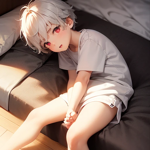 cute boy, Boy 1, , Pinkish white skin, Short black hair, two-block style., red eyes, Wear shorts., open shirt., lying in bed,