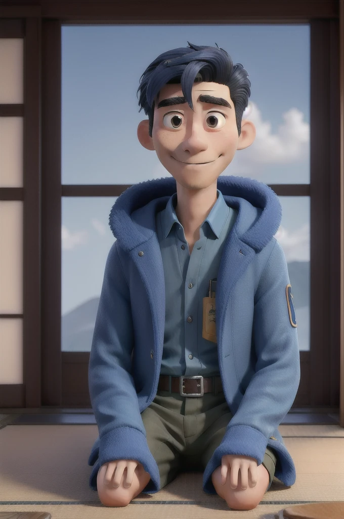 Japanese man sitting with military style hair blue coat