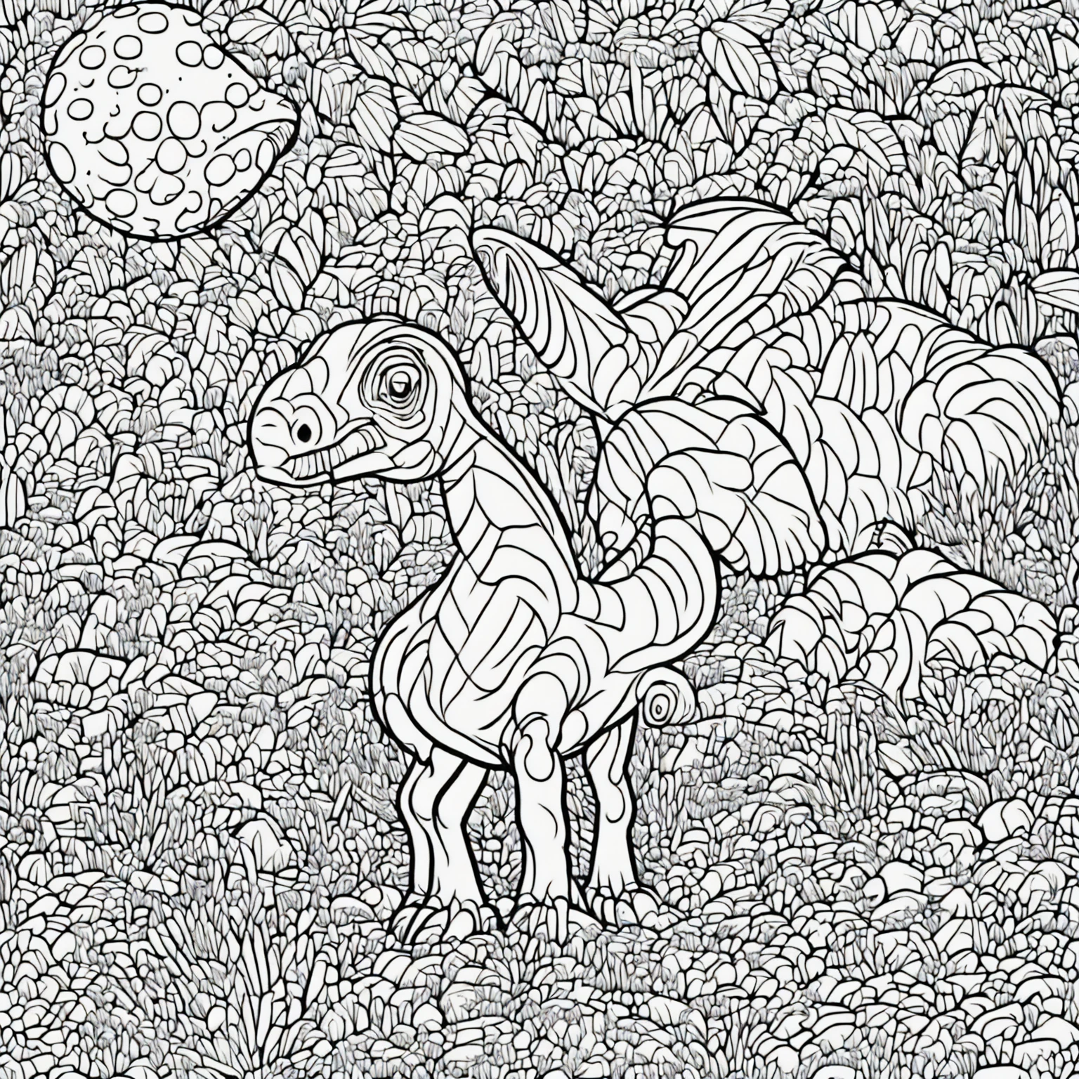 Create a detailed black and white illustration of a specific theme for a coloring book. The image must be clear, with well-defined lines and lots of details, suitable for coloring. The chosen theme is: Cute dinosaurs