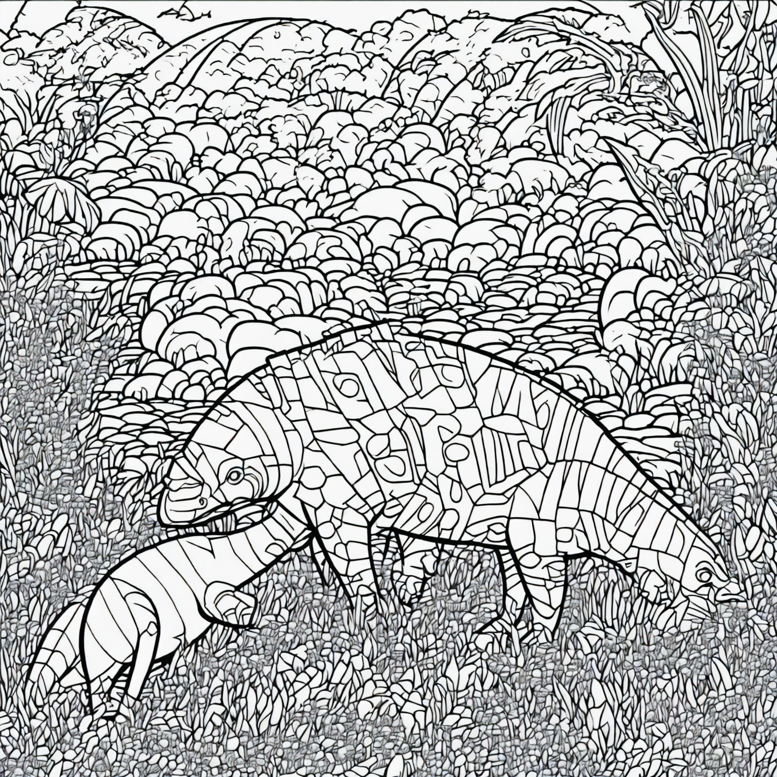Create a detailed black and white illustration of a specific theme for a coloring book. The image must be clear, with well-defined lines and lots of details, suitable for coloring. The chosen theme is: Cute dinosaurs