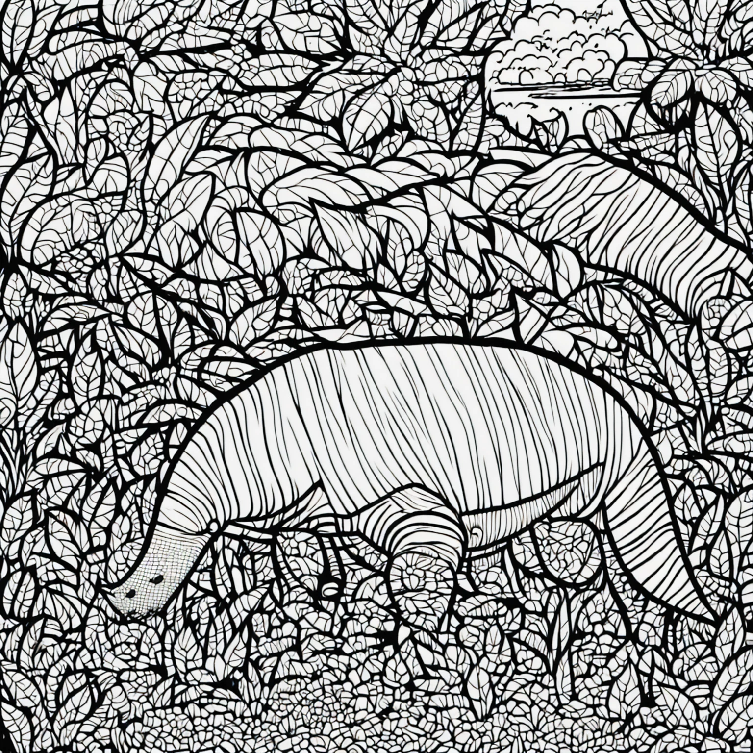 Create a detailed black and white illustration of a specific theme for a coloring book. The image must be clear, with well-defined lines and lots of details, suitable for coloring. The chosen theme is: Cute dinosaurs