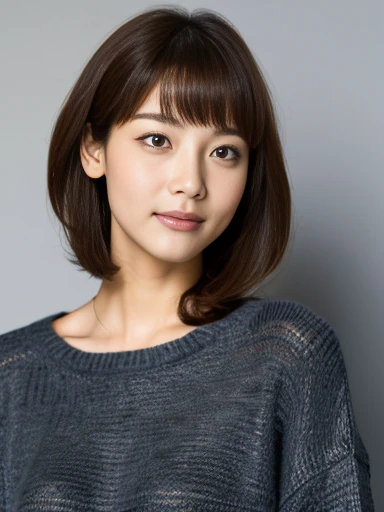 (Representative works: 1.3), (8K, Realistic, RAW Photos, Best image quality: 1.4), (20-year-old female),Small face, Beautiful Face, (Realistic Face),No makeup、Natural Makeup、light makeup、 (Dark brown, short hair: 1.3 Beautiful hairstyle, Realistic eyes, Beautiful attention to detail, (Photorealistic Skin), Beautiful Skin, (sweater),、Bust B cup、 Confused, charm, High resolution, Ultra-realistic, High resolution, Golden Ratio,, Gray background、