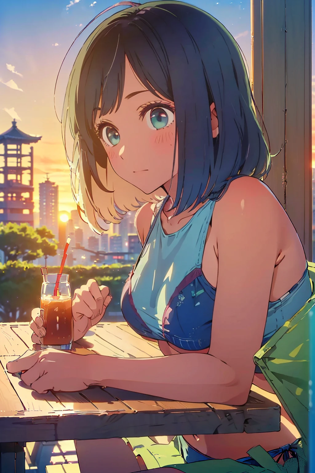 (Highest quality:1.4、masterpiece:1.4、Super detailed:1.4、8K:1.4)、F cup bust、Big Breasts、Slim body、((((1 person、Surprised expression、sit、In the background are the urban buildings of Tokyo、Looking at the camera、Outdoor café terrace、Sunset Beach、Navy hair color、Photographing the upper body、Shooting from a slightly closer angle、juice、table、sunset、Very cute face))))、(Plain Bikini、bikini size too small:1.4)、Big eyes、((((Shallow depth of field))))、Holding a glass