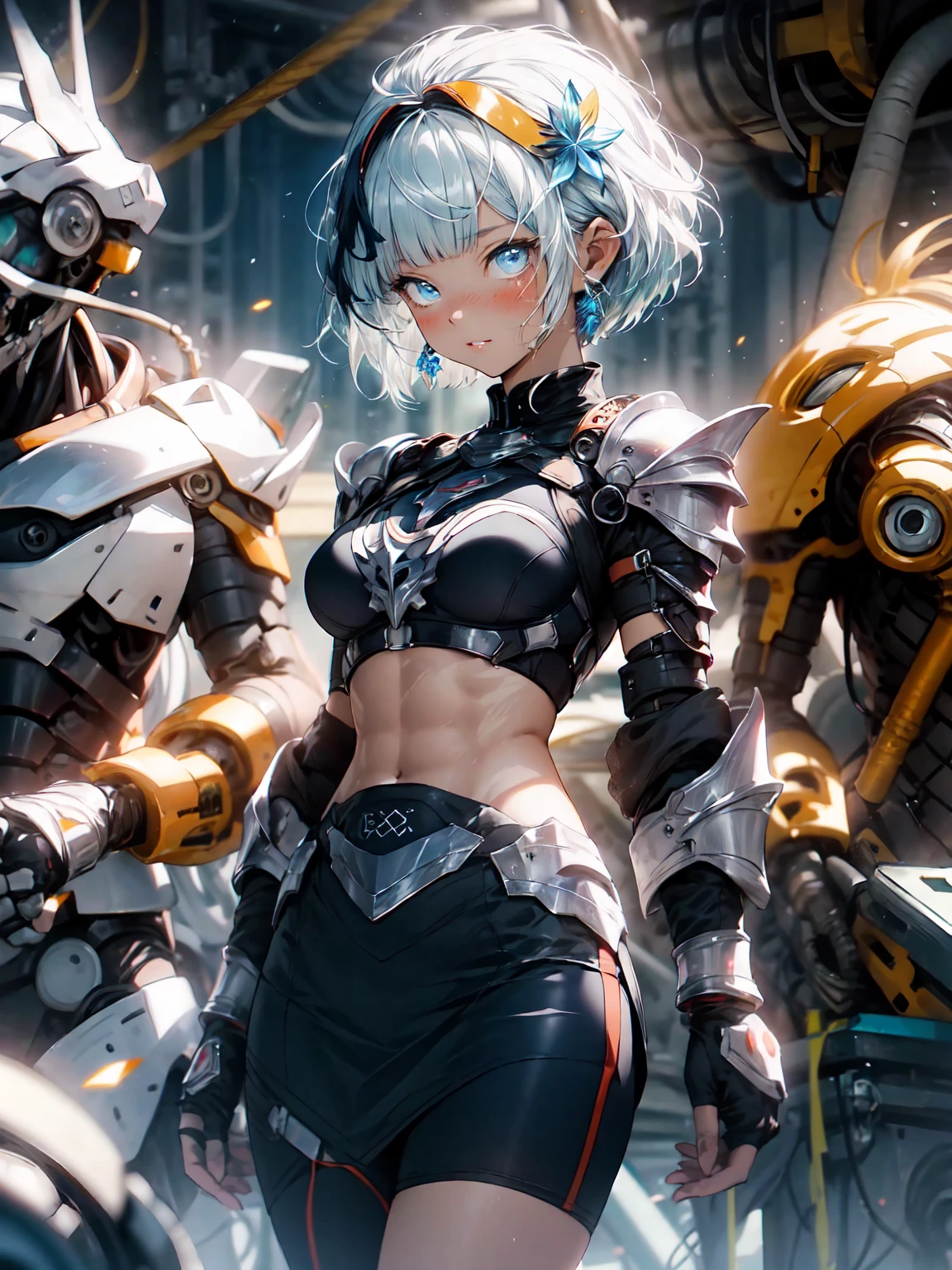 Be realistic,(masterpiece,Highest quality,Highest quality,Very detailed,Fractal Art,Most detailed,(Abstract background:1.5)(1 Girl),Kamimei,(黄色いShort Hair),( puppet, blue eyes, Pale skin, Yellow Hair, Short Hair, Blunt bangs, Braiding,Big Breasts、Toned Abs,Stunned)、crystallization,bikini、Sexy、Machine Armor、Sunburned skin、(Black pencil skirt)