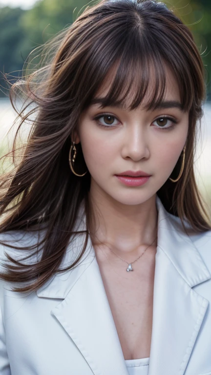 masterpiece, highres, screen shot, best quality, 1girl, (scar on left eye), white cropped jacket, highly detailed, rule of thirds, jewelry, long hair, bangs, hair between eyes