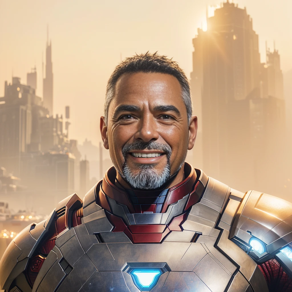 a hyper realistic middle aged man, smiling face, short hair, wearing an avenger iron man costume, straight face, looking directly at the camera, masterpiece, photorealistic, 8k, hyper detailed, cinematic lighting, dramatic shadows, vibrant colors, high contrast, unreal engine, digital art, concept art