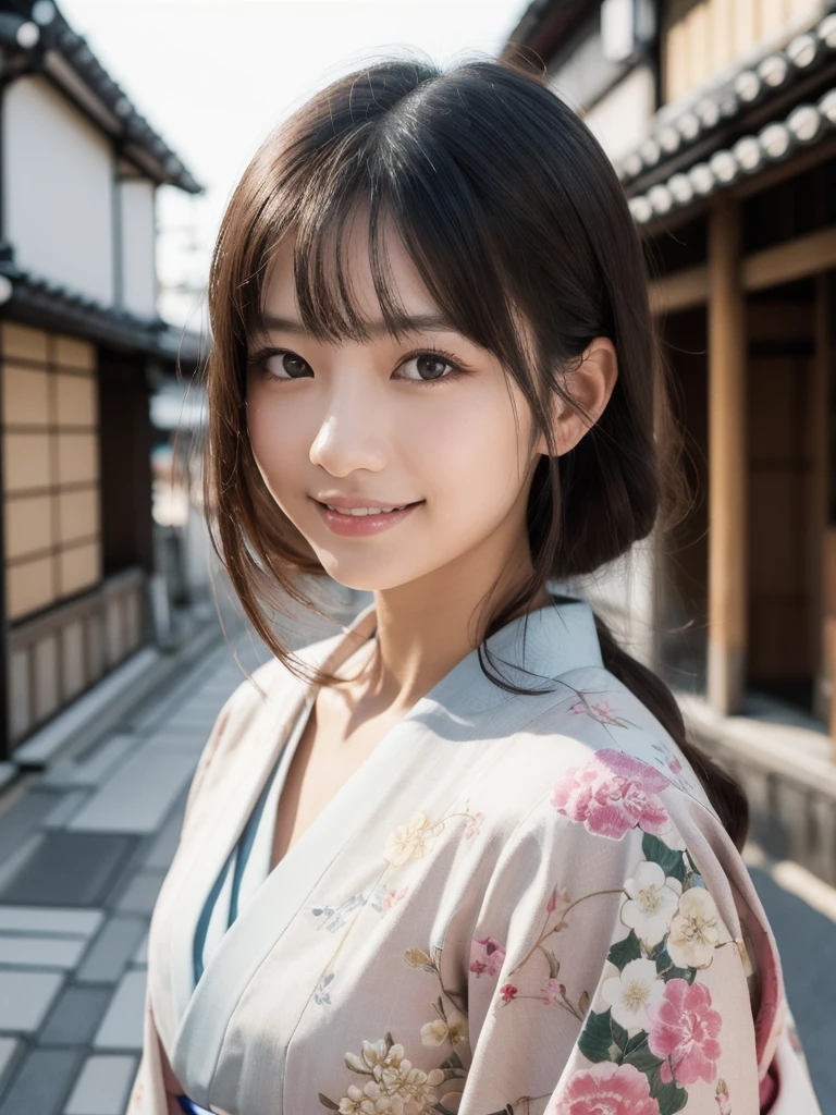 professional lighting,(Photoreal:1.4), (Top image quality:1.0), (超A high resolution:1.0), 8k, Raw photography, (masterpiece:0.2), (Pueros face_v1:0.5)、(highest quality Detail:1.2)、realistic、8k UHD、High resolution、(1 girl:1.2)、Super detailed、High quality textures、intricate details、detailed、Very detailed CG、High quality shadows、detailed Beautiful and delicate face、Beautiful details and delicate eyes、(symmetrical eyes:1.2),Depth of the bounds written、ray tracing,1 girl, japanese girl, (natural smile:1.4),cute, thin, Portrait of a beautiful Japanese woman wearing a kimono, Standing elegantly on a street corner in Kyoto. A kimono with bright traditional patterns, Hair decorated with an elegant and delicate hairpin, and a gentle expression. (Against the backdrop of the old streets of Kyoto:1.4)、soft light on a spring afternoon、adds tranquility to the scene. Rendered in a realistic style with great attention to detail, High resolution images.s ky porn, magic hour, (realistic:1.3), finely, quality, (table top:1.2), (realistic:1.2), (highest quality), (Complex details), dramatic, ray tracing, photograph, +roller