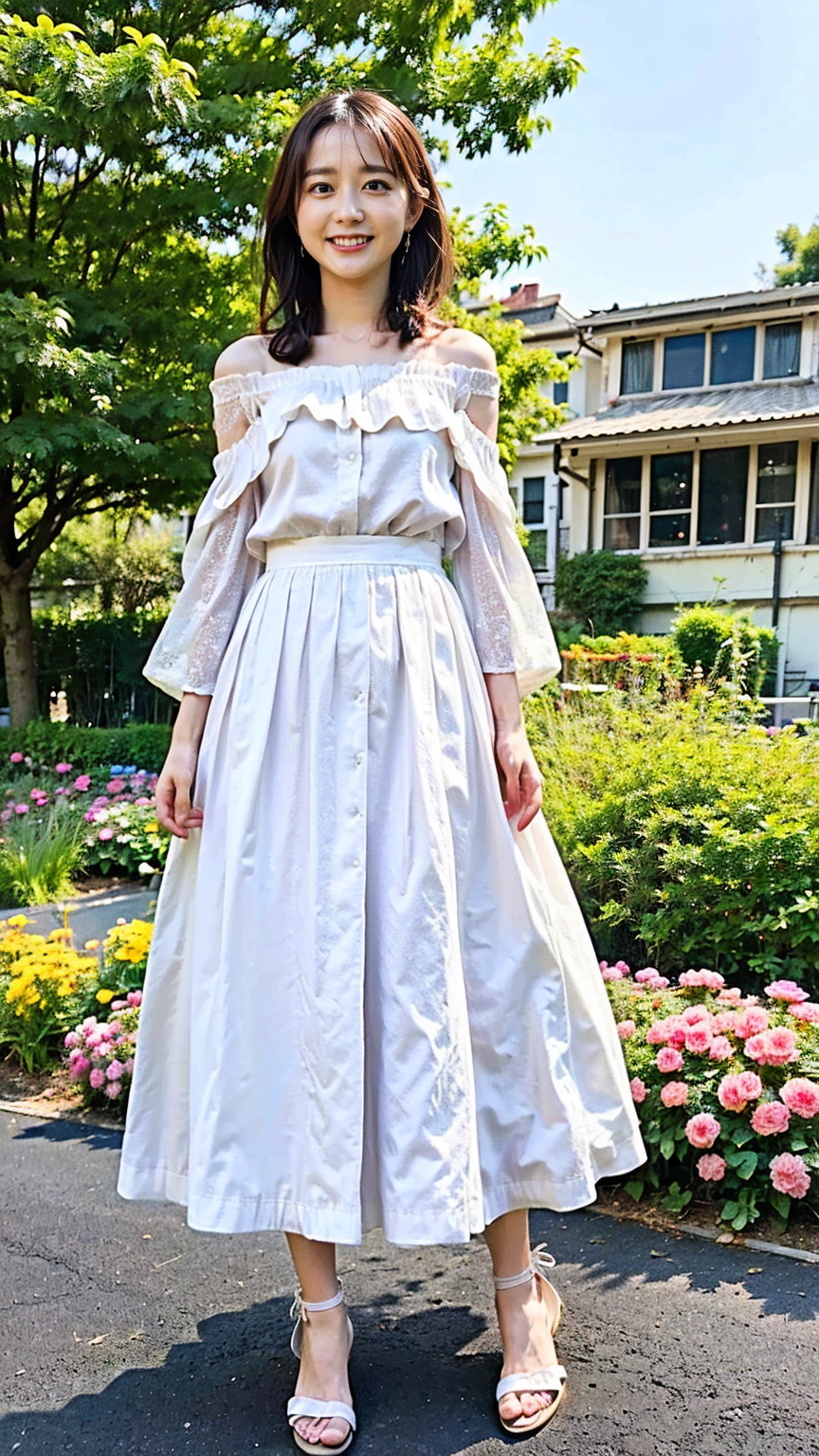 (8K、RAW Photos、Highest quality、masterpiece:1.2)、(Realistic、Realistic)、1 Girl、((White long skirt、Off the shoulder、Long Hair、Frills、smile、Sandals、whole body、garden、View from the front、Looking into the camera、