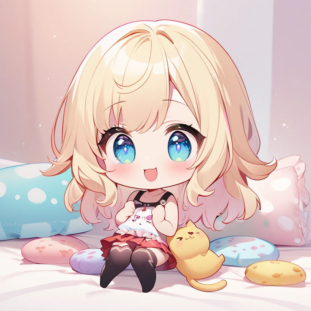 masterpiece、Highest quality、Depth of subject、((2D illustration))、1 beautiful girl、((colorful))、(((chibi style)))、((Long, beautiful hair))、Light blonde、hair between eyes、cute、Beautifully detailed eyes、Tank top、((mini skirt))、(((vivid color))、((bed))、((full body shot))、((Very happy face))、((kitten))、stuffed toy、((There&#39;s a lot of pink around))、((Lens flare))、White light is shining、My whole body was filled with light