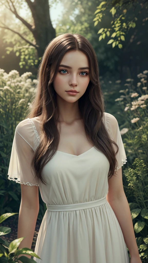 A beautiful girl in a serene garden, elegant dress, flowing long hair, captivating eyes, delicate facial features, soft lighting, dreamy atmosphere, cinematic composition, vibrant colors, digital painting, concept art style, highly detailed, photorealistic, 8k, award-winning