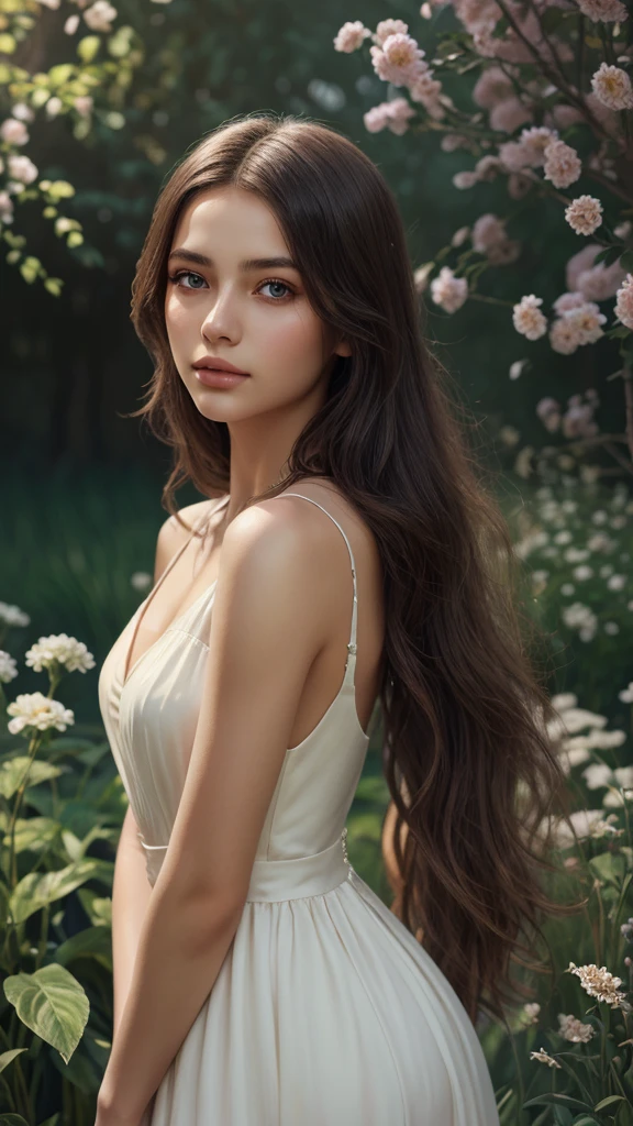 A beautiful girl in a serene garden, elegant dress, flowing long hair, captivating eyes, delicate facial features, soft lighting, dreamy atmosphere, cinematic composition, vibrant colors, digital painting, concept art style, highly detailed, photorealistic, 8k, award-winning