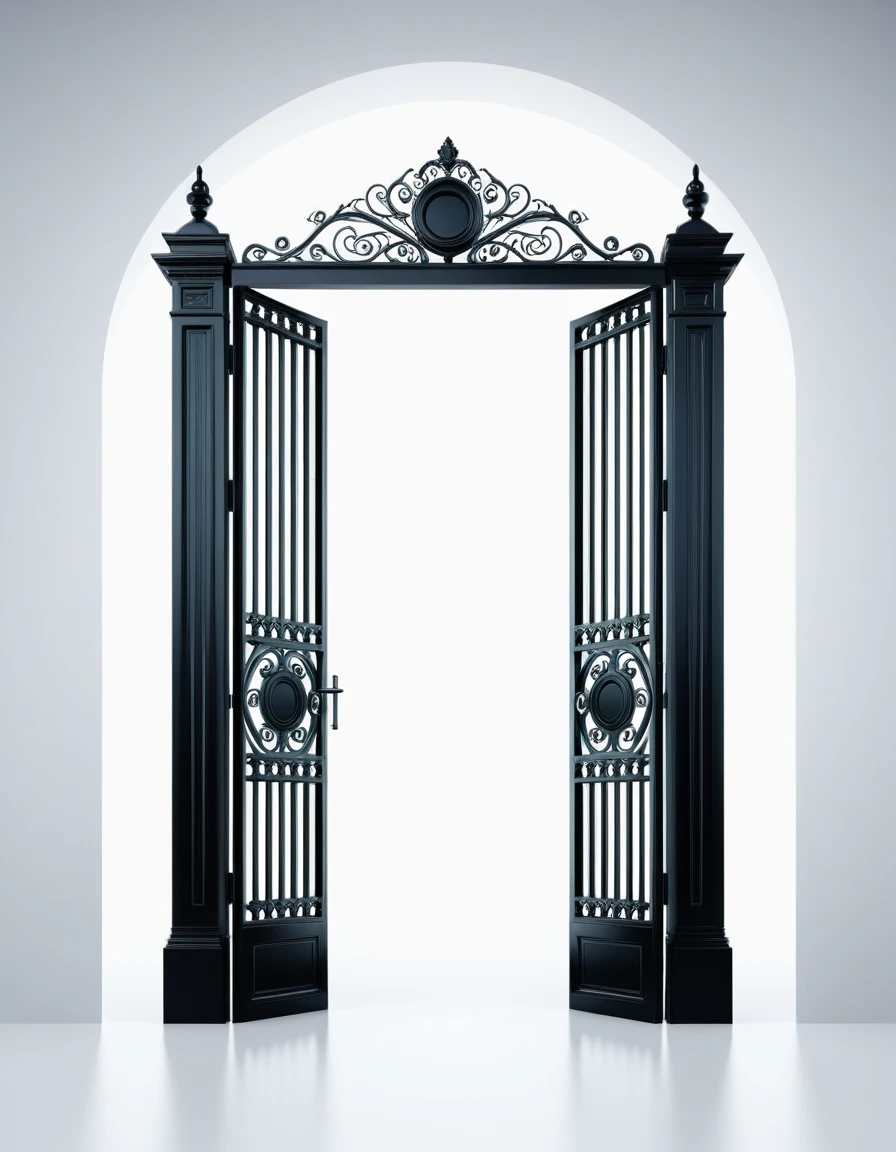 Use a 3D digital illustration style, Ether Gate, Front view, Symmetric, Volumetric lighting,Minimalist, Plain background, High Contrast, Ultra-high resolution,clean,Neat,real
