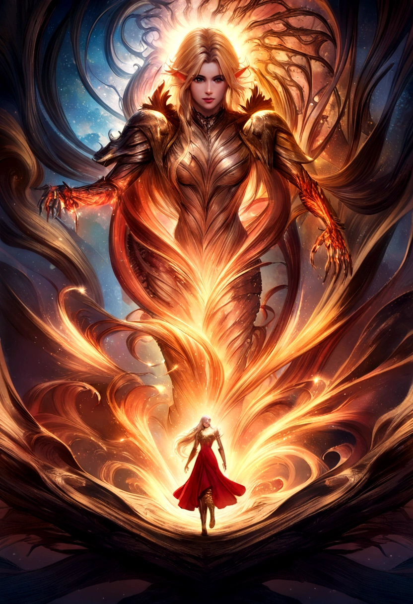 *In the aftermath of a fierce battle within the volcanic heart, the fiery cavern is illuminated by the flickering glow of molten rock and the final embers of battle. The scene captures a poignant moment of farewell as the Ember Incarnation, a majestic female embodiment of fire, stands with a sense of solemnity.
Her body, composed of vibrant, shifting flames in reds, oranges, and yellows, radiates a warm, yet distant glow. Her eyes, twin orbs of white-hot light, reflect both the exhaustion and the pride of a battle well fought. Standing before her are Vortex and Valis, both with long, flowing hair, signifying their readiness for their next journey.
Vortex, clad in his dark coat with his long black hair cascading behind him, looks at the Ember Incarnation with a mixture of respect and sorrow. His dark sword, now sheathed, symbolizes the end of their shared conflict. Valis, dressed in his gothic black armor adorned with blood-red jewels, stands beside him, his long hair flowing like a dark cascade. His expression mirrors Vortex's, filled with both gratitude and a sense of loss.
The backdrop is a volcanic landscape, with the fiery glow of the cavern casting dramatic shadows and highlighting the emotional gravity of the scene. Lava flows gently in the background, and the air is thick with the remnants of their previous battle. The Ember Incarnation raises a hand, her flames flickering gently as she offers her final words and blessings.
The moment is charged with an emotional farewell, capturing the essence of their shared struggle and the bittersweet end of their alliance. The scene reflects the deep bond formed through their trials and the hopeful anticipation of their separate paths forward.*