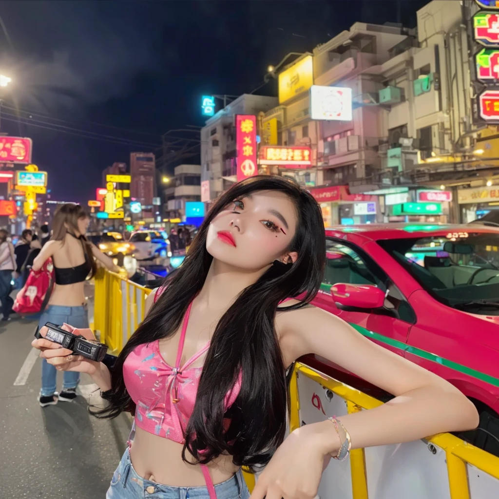 araffe woman standing on a city street at night with a mini camera, at night with neon lights, asian girl with long hair, neon lights in the background, neon city in the background, 8k selfie photograph
