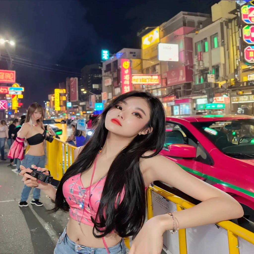 araffe woman standing on a city street at night with a mini camera, at night with neon lights, asian girl with long hair, neon lights in the background, neon city in the background, 8k selfie photograph