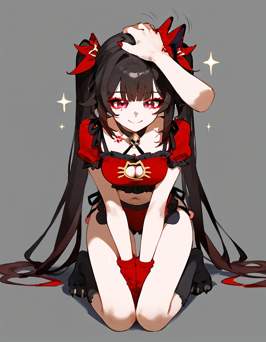 anime artwork, score_9, score_8_up, score_7_up, score_6_up, score_5_up, score_4_up,sparkle \(honkai: star rail\),1girl, twintails, black hair, medium breasts, red eyes, red eyeshadow, ,
, , , , she is 24 years old, , ,horny, , , , style_3, ,,, floox style, grey background,headpat,black cat lingerie, disembodied hand, petting, ,smile, black paw gloves, paws, on knees, cat socks,naughty_face , paw pose