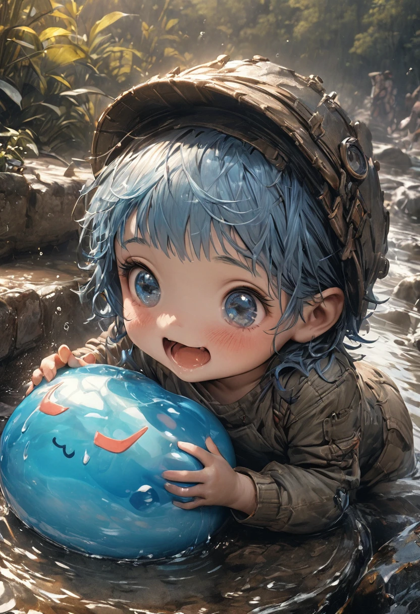 (((masterpiece))), (highest quality), (Ultra-high resolution), (best quality), (ultra detail), Colorful slime、Cute expression、Little boy with blue hair、In the great outdoors、Cool illustrations、Realistic representation of water、Octane Rendering Style、