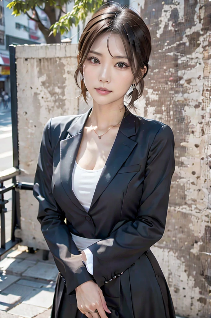 necklace, ring, watch, Earrings, (funeral:1.3), skirt, Black formal suit, whole body, slender, 40 year old Japanese, woman, Beautiful face, Are thin, Highest quality, Ultra-high resolution, (realism: 1.4), Depth of written boundary, Beautiful Face, (Purelos Face_v1: 0.8), Two people, Natural Makeup,