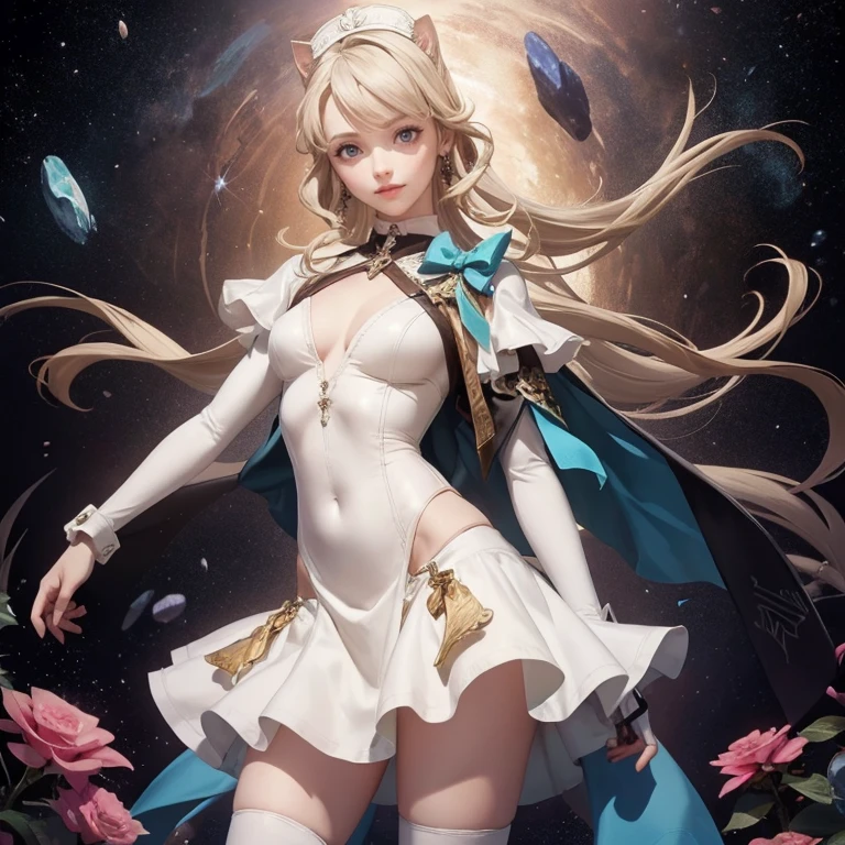 1girl, white maid dress, jewelry, blonde hair, flowing hair, long hair, white roses, firefly, 1girl, white maid dress, jewelry, blonde hair, flowing hair, long hair, maid dress with a short skirt and layers, white laces, maid, white boots, white dress with transparency, gold details on her clothes, more details, perfectly body, perfectly hands, two hands, two legs, two arms, five fingers, glowing hair, best quality, cat ears, animal ears, two cat tail, white gloves, alone, maid headdress, choker, detached sleeves, maid dress, maid white dress, masterpiece, best quality, detailed face, night, asymmetrical gloves, bangs, white short skirt , earrings, elbow gloves, fishnet thigh highs, fish masterpiece, solo, best quality, detailed face, gloves, hair between eyes, jewelry, looking at viewer, single earring, sky, sleeveless, solo, thigh boots, thigh highs, uneven gloves, solo, alone, Looking at the viewer, More details on the clothes, white roses on her hair, space scenery, maid, maid dress, gold details, white roses, maid headdress, maid apron, seat on the Saturn rings, more details on her clothes, gold details on her clothes, space, smiling, standing her hand to a viewer, looking at the viewer, in the background a several asteroids glowing with fiery auras, Dramatic lighting from distant stars and planets illuminates the scene, looking at the vast and mysterious universe, cowboy shot, upper body portrait, more details, sparkle,