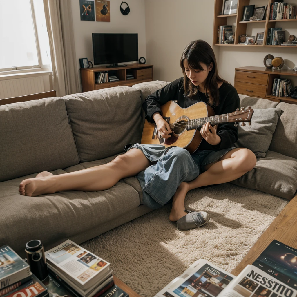 A guitar is placed on a comfortable sofa,There are a few random pieces of clothing on the sofa.,Shows the daily life of the residents。There are some books and magazines scattered under the sofa.