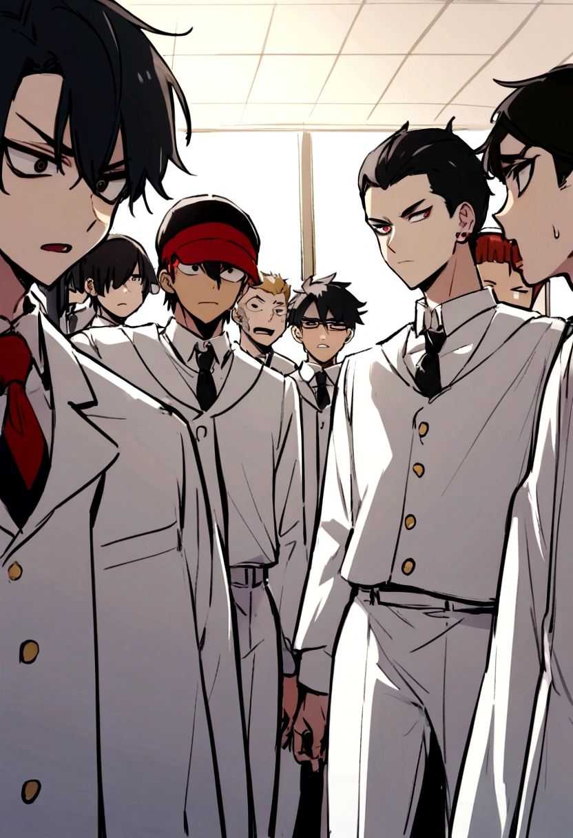 6boys, (a rogue group, reckless young boys, bullies, dressing white scholar uniforms, , at school settings, a leader in center, classroom background.