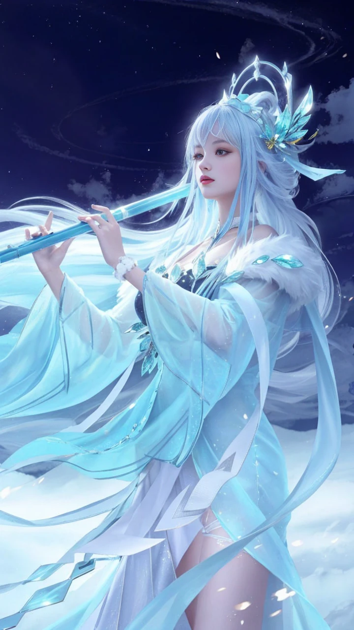 close-up image of a person holding an ice flute, cute girl, woman with wavy silver hair, bangs, light blue eyes, red lips, soft green dress, realistic 