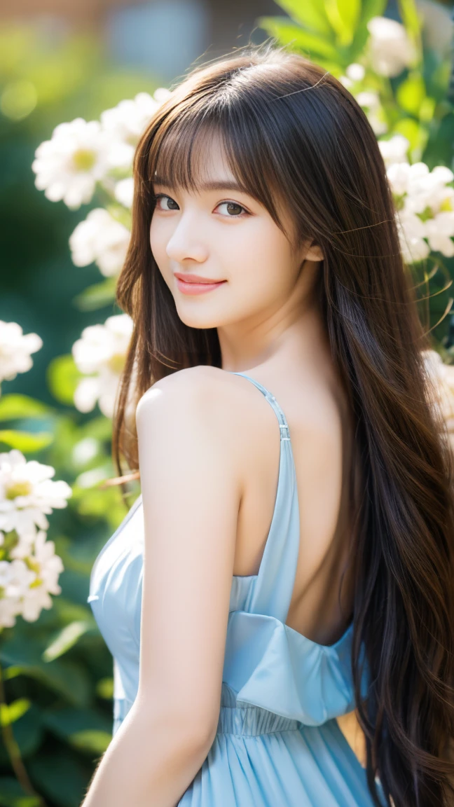 masterpiece, Highest quality, Ultra-high resolution, detailed illustration, Portraiture, detailed, One Girl Standing In Studio, , Long Hair,little blue dress, carrying a long white wallet,, smile, whole body, White flower, Show Left Shoulder, very Long Hair, Light brown hair, shut up, For the audience, bangs,Big Breasts,１．２　